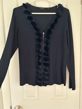 Cyrus Black Long-Sleeve Zip Front Sweater with Rosette Trim